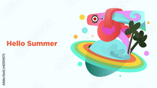 abstract dream summer island from music notes wear headphone. acid vibrant style vector illustration