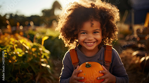 Foto Happy child in a pumpkin patch in autumn