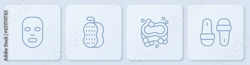 Set line Facial cosmetic mask, Bar of soap, Washcloth and Sauna slippers. White square button. Vector