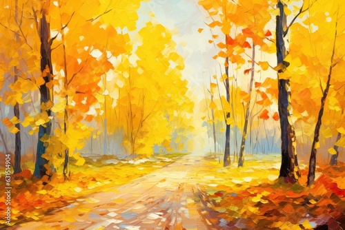 Beautiful autumn landscape with yellow autumn trees and sun oil painting. Colorful foliage in the forest. natural background - Generative AI