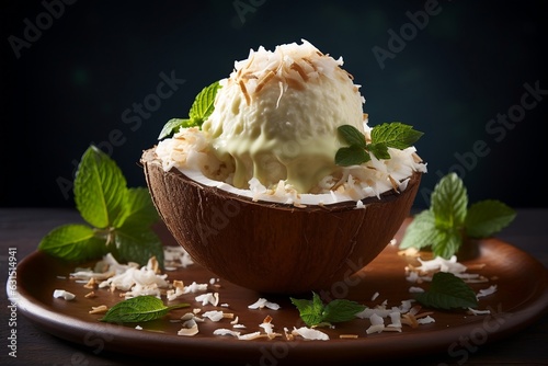 Delectable Coconut Ice Cream Served in Natural Coconut Shells, Generative Ai