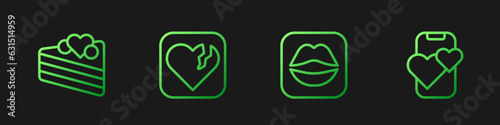 Set line Smiling lips, Wedding cake, Broken heart or divorce and Dating app online mobile. Gradient color icons. Vector