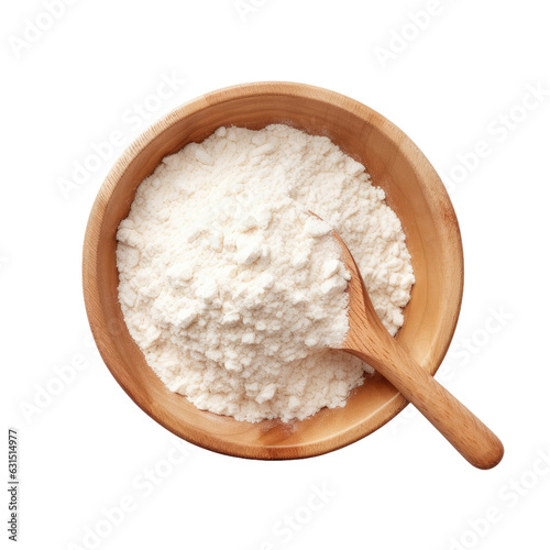 Top view of a wooden bowl with flour, a flour spoon, and rice or wheat flour, all isolated on a white backround.
