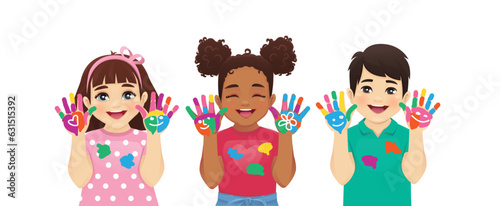 Joyful smiling kids boys and girls showing painted hands isolated vector illustration. Multiethnic little children drawing