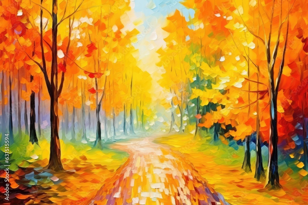Beautiful autumn landscape with orange, green and yellow autumn trees and sun oil painting. Colorful foliage in the forest. natural background - Generative AI
