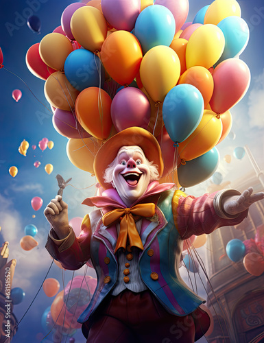 smiling clown with air balloons into circus, poster illustration