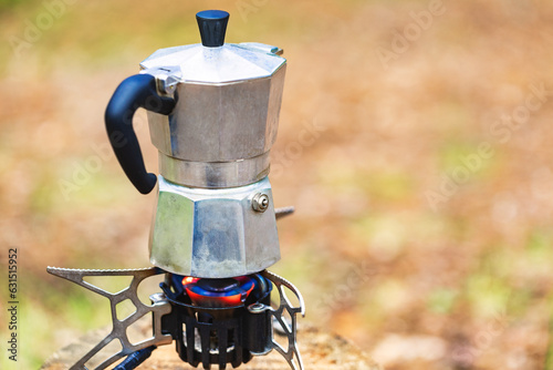 Brewing coffee on camping stove
