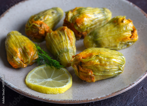 Traditional delicious Turkish - Greek cuisine, Turkish food; Stuffed zucchini flowers (Turkish name; kabak cicegi dolmasi) photo