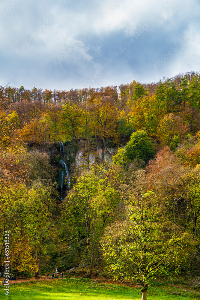 Germany, Colorful autumn mood forest trees nature landscape meadow mountain at bad urach waterfall