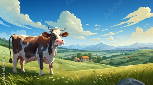 A cartoon art style image of a contented cow peacefully grazing in a cartoon countryside, with rolling hills and a blue sky photo