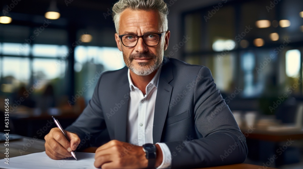 Portrait of successful mature financier, senior businessman with beard and glasses looking at camera