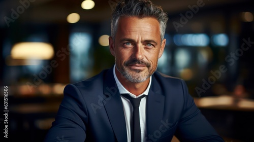 Portrait of successful mature financier, senior businessman with beard and glasses looking at camera