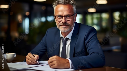 Portrait of successful mature financier, senior businessman with beard and glasses looking at camera