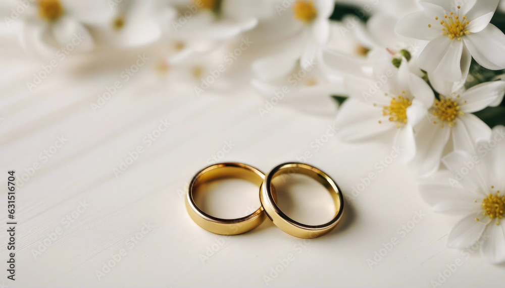 Gold wedding rings with flowers and copy space Gold wedding rings with flowers and copy space