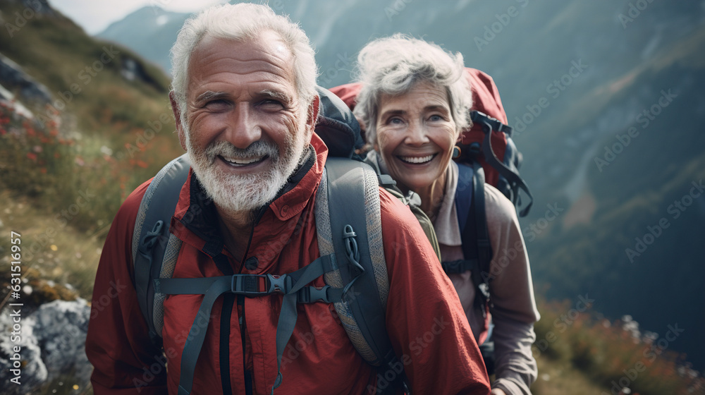 Elderly happy couple with backpacks hiking in the mountains
