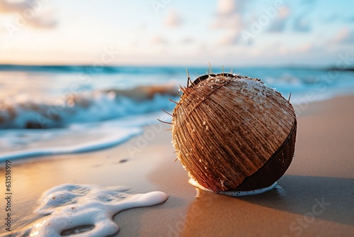 Coconut Resting on a Beach, Surrounded by Palm Trees, with Ocean Breeze, Generative Ai