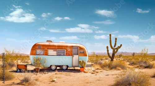 Wallpaper Mural An abandoned retro vintage caravan stands in the desert with lots of cacti on a sunny day. The blue sky offers copy space Torontodigital.ca
