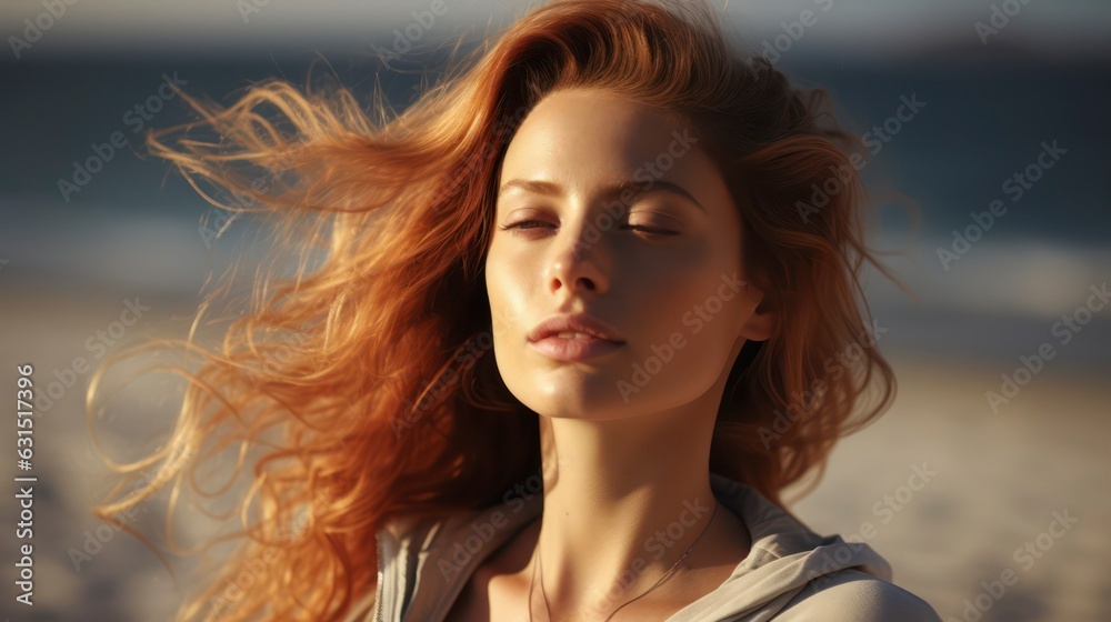 Close up of beautiful redhead girl breathing on the beach Close up of beautiful redhead girl breathing on the beach