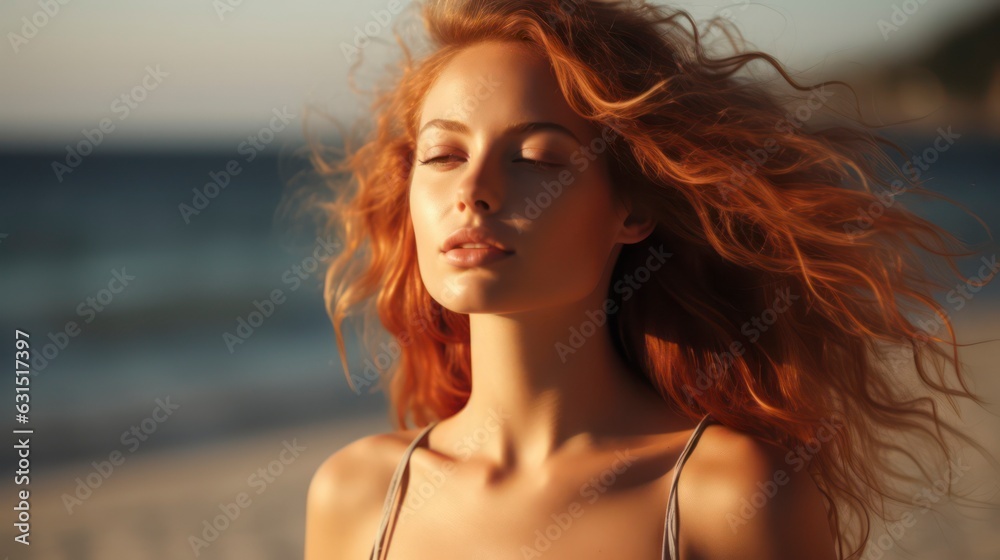 Close up of beautiful redhead girl breathing on the beach Close up of beautiful redhead girl breathing on the beach