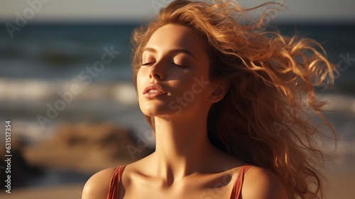 Close up of beautiful redhead girl breathing on the beach © Muzaffer Stock