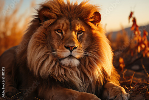 lion on the prairie, wide land, sun setting on the horizon, ai generated. © Rainbow Kuma