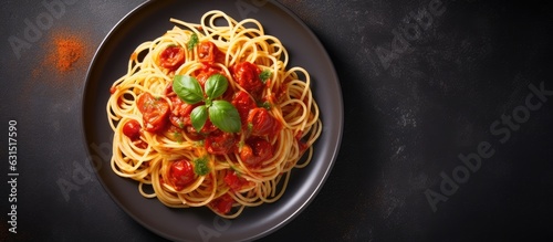 An aerial view of Italian pasta dish - spaghetti topped with tomato sauce, cheese, and basil.