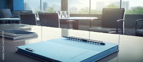 Close-up picture of a notepad with an agenda placed on a table in an empty corporate conference