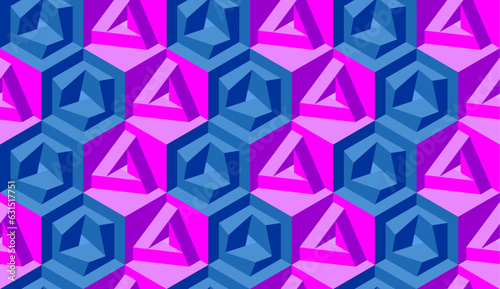 Seamless vector 3D pattern with optical illusions. Cubes. Op Art. Modern template for wrapping, cards, fabric, design interior, packing. Blue and pink geometric design. Background. Wallpapers. 3D Tile