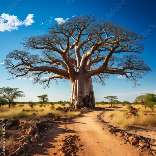 A panoramic shot of a majestic Baobab Tree (Adansonia), with its massive trunk and unique branch structure, standing as a timeless symbol of strength and resilience in the African savannah