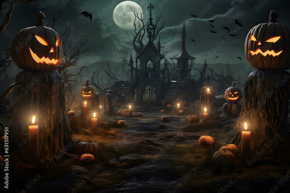 Halloween design - A Graveyard With Full Moon And Halloween Pumpkins.