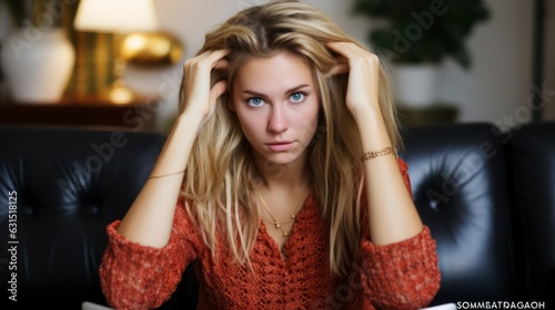 Blonde woman sitting on sofa and laptop with her hands on her head looking at the camera