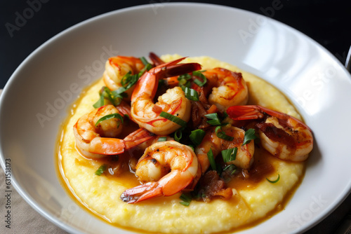 A delicious plate of creamy and cheesy shrimp and grits with a spicy and tangy jalapeno kick, perfect for a Southern comfort food meal.