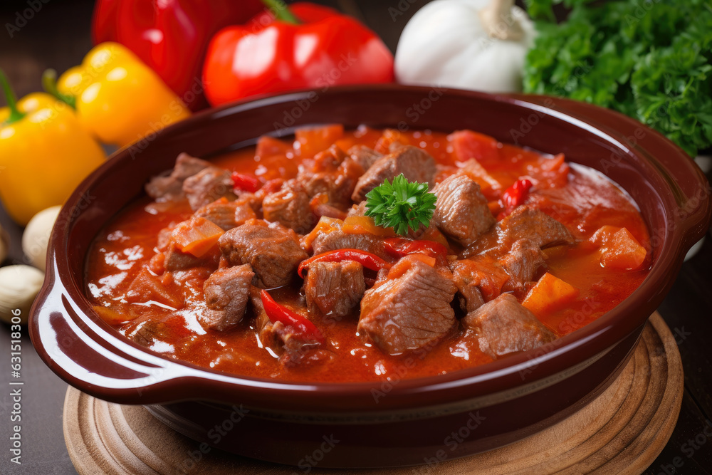 Goulash, a classic Hungarian stew, features tender beef, diced tomatoes, and bell peppers in a thick and flavorful sauce.
