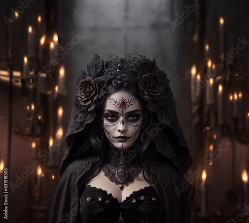 Portrait of young woman with sugar skull makeup and red roses dressed in black costume of death as Santa Muerte. Day of the Dead or Halloween concept. Dia de muertos.