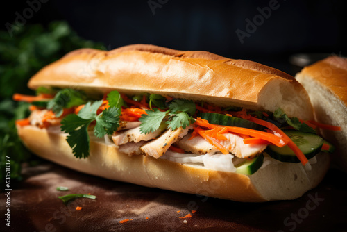A delicious Banh Mi sandwich with a crunchy baguette, tender grilled chicken, pickled carrots and daikon, jalapeño, and fresh cilantro, captured in a close-up image.