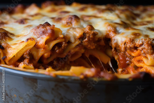 A close-up of a deep-dish baking pan reveals a delicious homemade baked ziti pie with crispy edges, layers of pasta, cheese, and meat, showcasing the savory flavors of Italian cuisine.