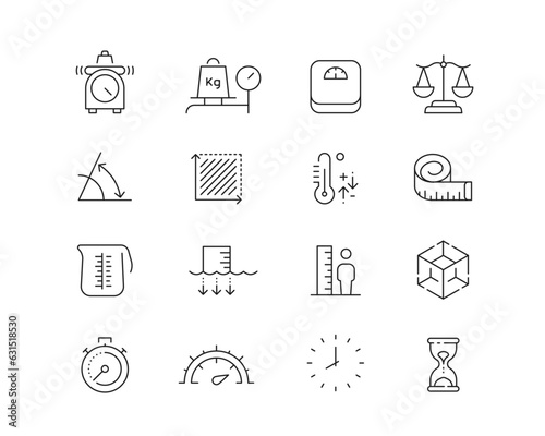Weight and Measurement Icon collection containing 16 editable stroke icons. Perfect for logos, stats and infographics. Edit the thickness of the line in any vector capable app.