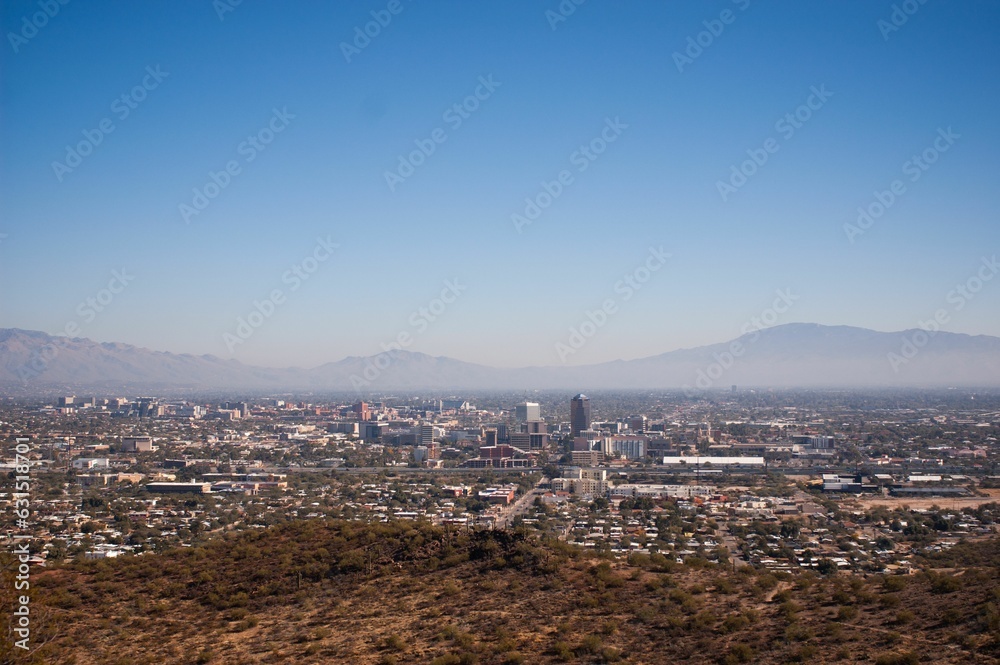 Aerial view of downtown Tucson, Arizona during a dusty day