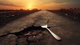 Poverty and hunger concept with a fork and knife on a broken asphalt road shaped as a dinner plate as a social crisis of food shortage hardships and living poor on the streets generative ai