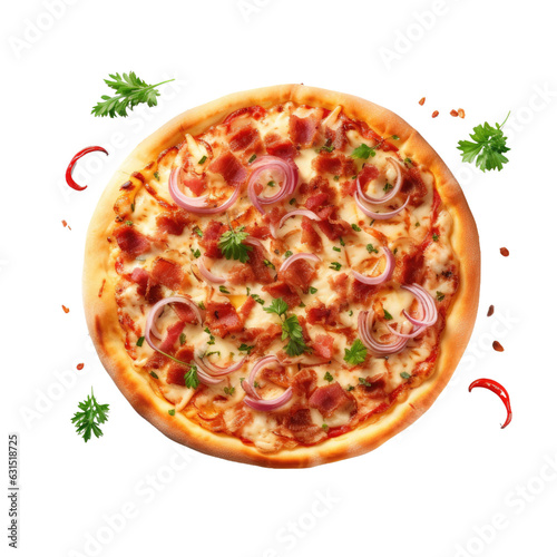 Spicy pizza with ingredients, freshly baked, against white backround.