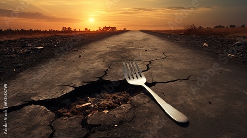 Poverty and hunger concept with a fork and knife on a broken asphalt road shaped as a dinner plate as a social crisis of food shortage hardships and living poor on the streets generative ai
