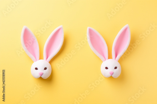White and pink Bunny or rabbit ears on yellow pastel background  Easter minimal concept  Flat lay and view from above  aesthetic look
