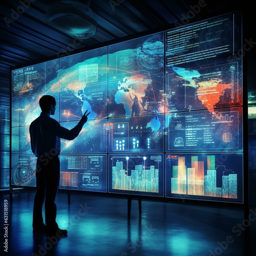 Data science and big data technology. Big data analytics visualizing complex data set on touchscreen. Data mining