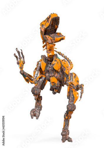 rusty raptor robot is doing a front attack