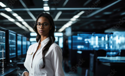 Tech Diversity Leader. African American IT professional  in an IT room surrounded by a complex network of computer systems, managing a cutting-edge big data system and AI servers.