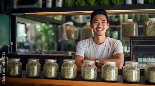 Young man Thai working in shop selling medical cannabis. photo