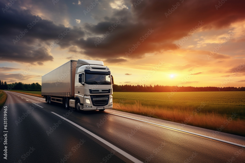 White truck driving on the asphalt road in rural landscape with dramatic cloud at sunset, aesthetic look