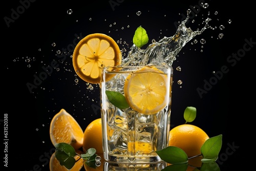 Refreshing Lemonade with Water Splash on Dark Background. Generative AI