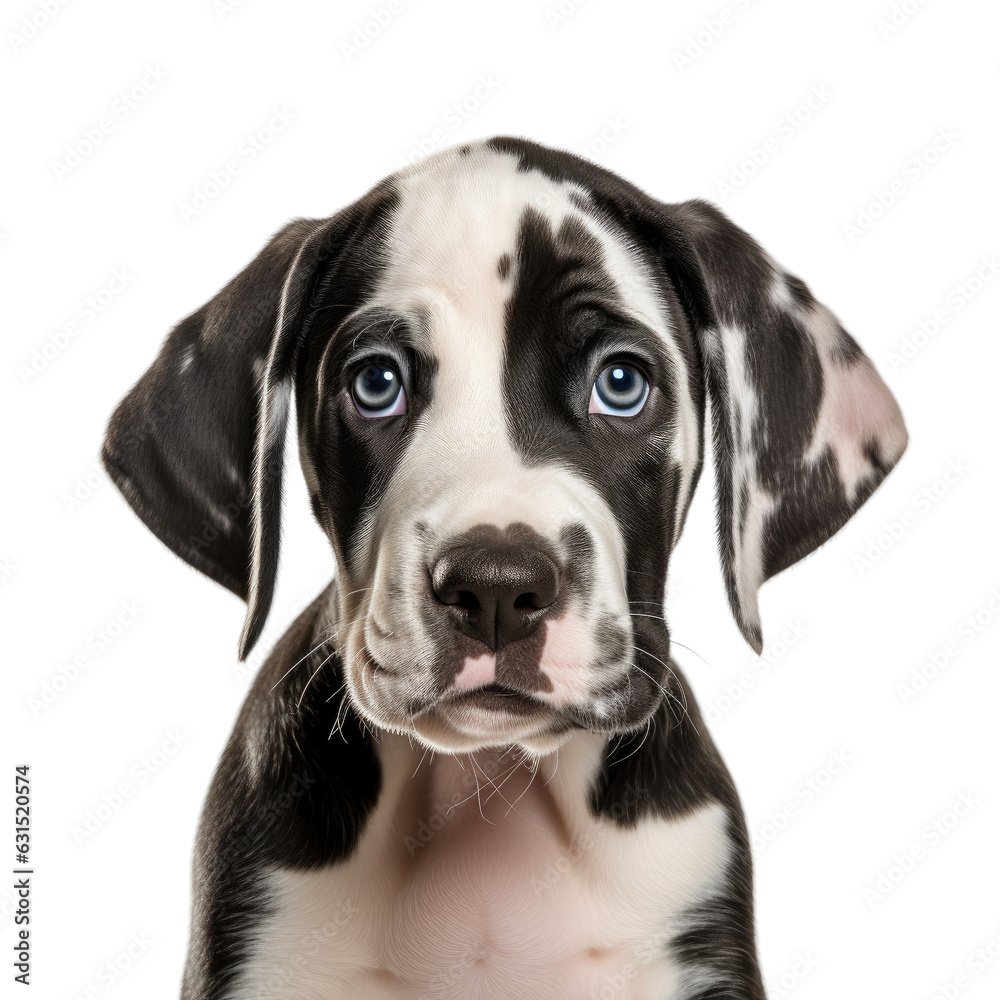 Harlequin Great Dane puppy in a studio portrait, facing forward, on a white backround.