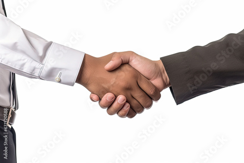 photograph of Two business people shaking hands white background cinematic lighting